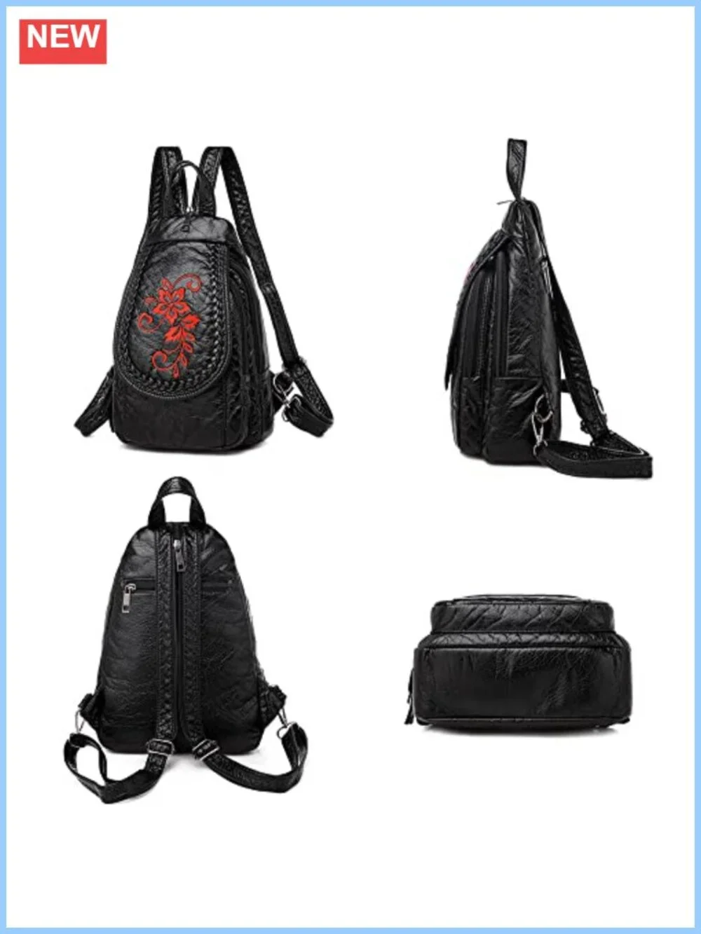 Vintage Embroidered Women Backpacks Soft PU Leather Backpack Purse Small Female